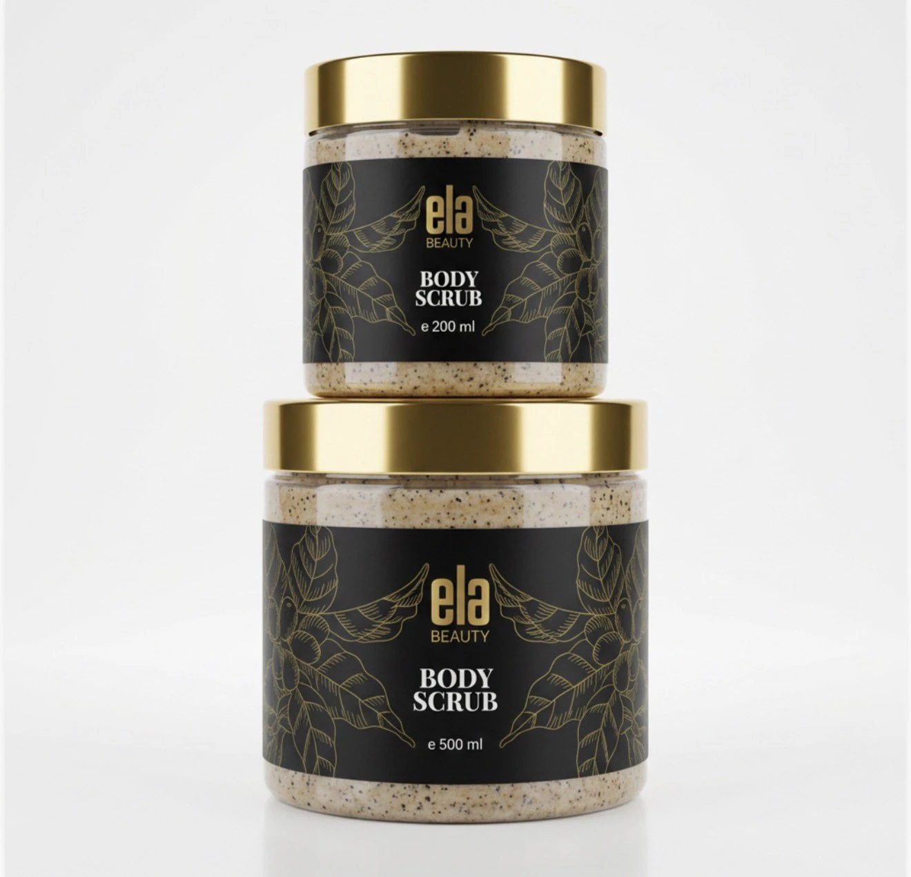 Ela Beauty Body Scrub in 200 ml and 500 ml jars