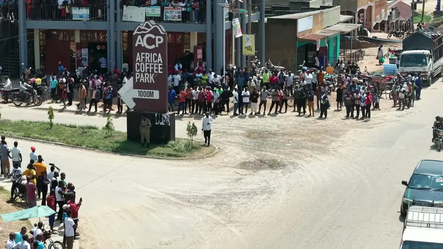 Crowds lining the road at the Africa Coffee Park gateway in Rwashameire