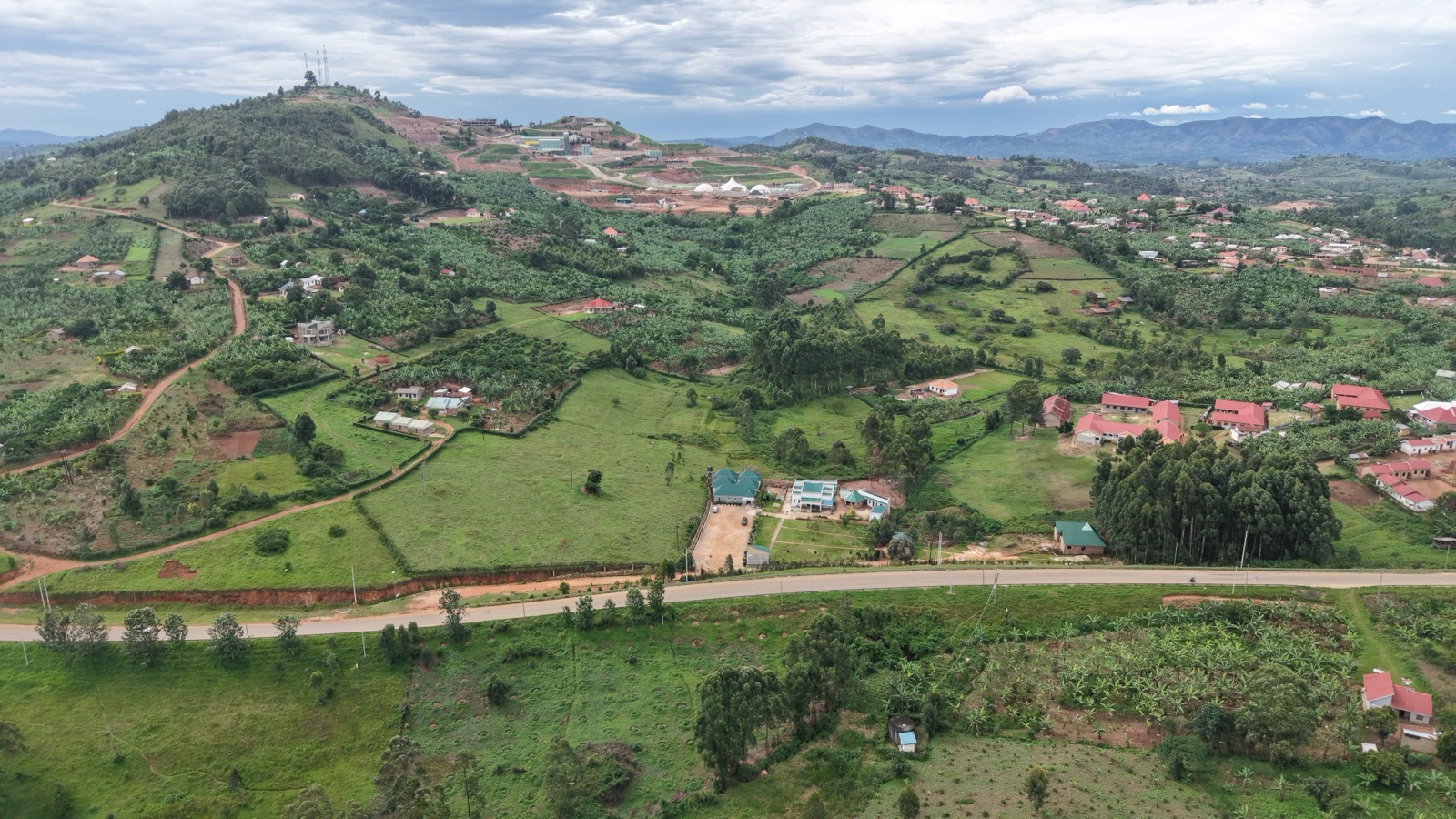 Aerial view of the Inspire Africa Coffee Park estate and Ntungamo District, Uganda