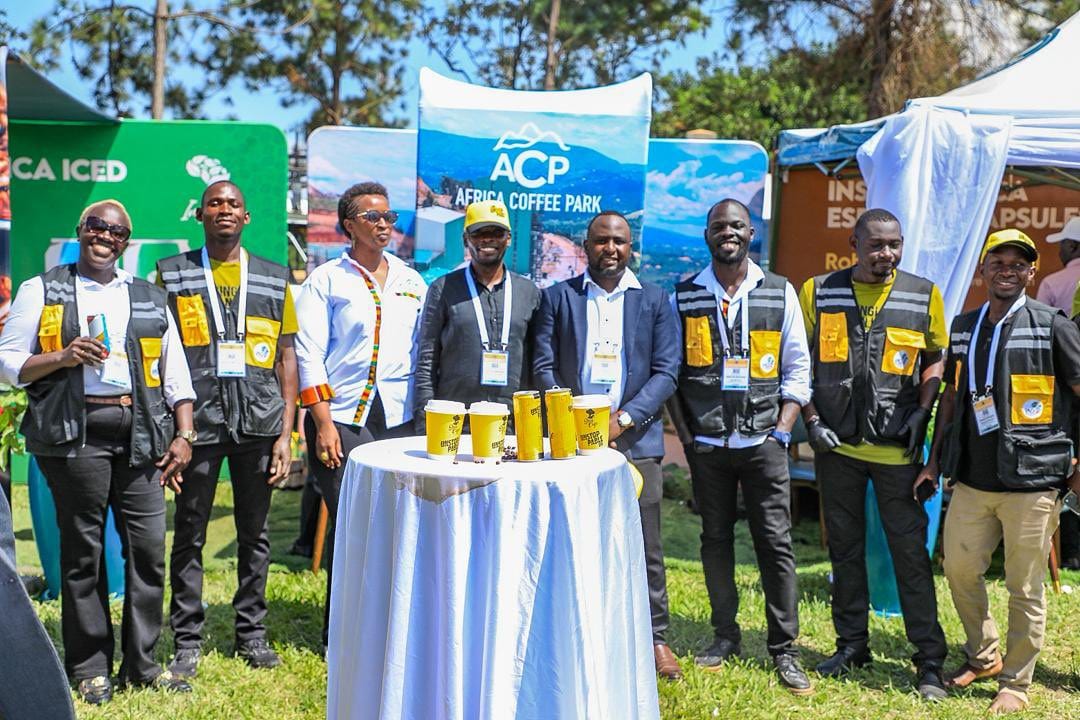 The Africa Coffee Park team serving hot coffee at Kololo Independence Grounds.