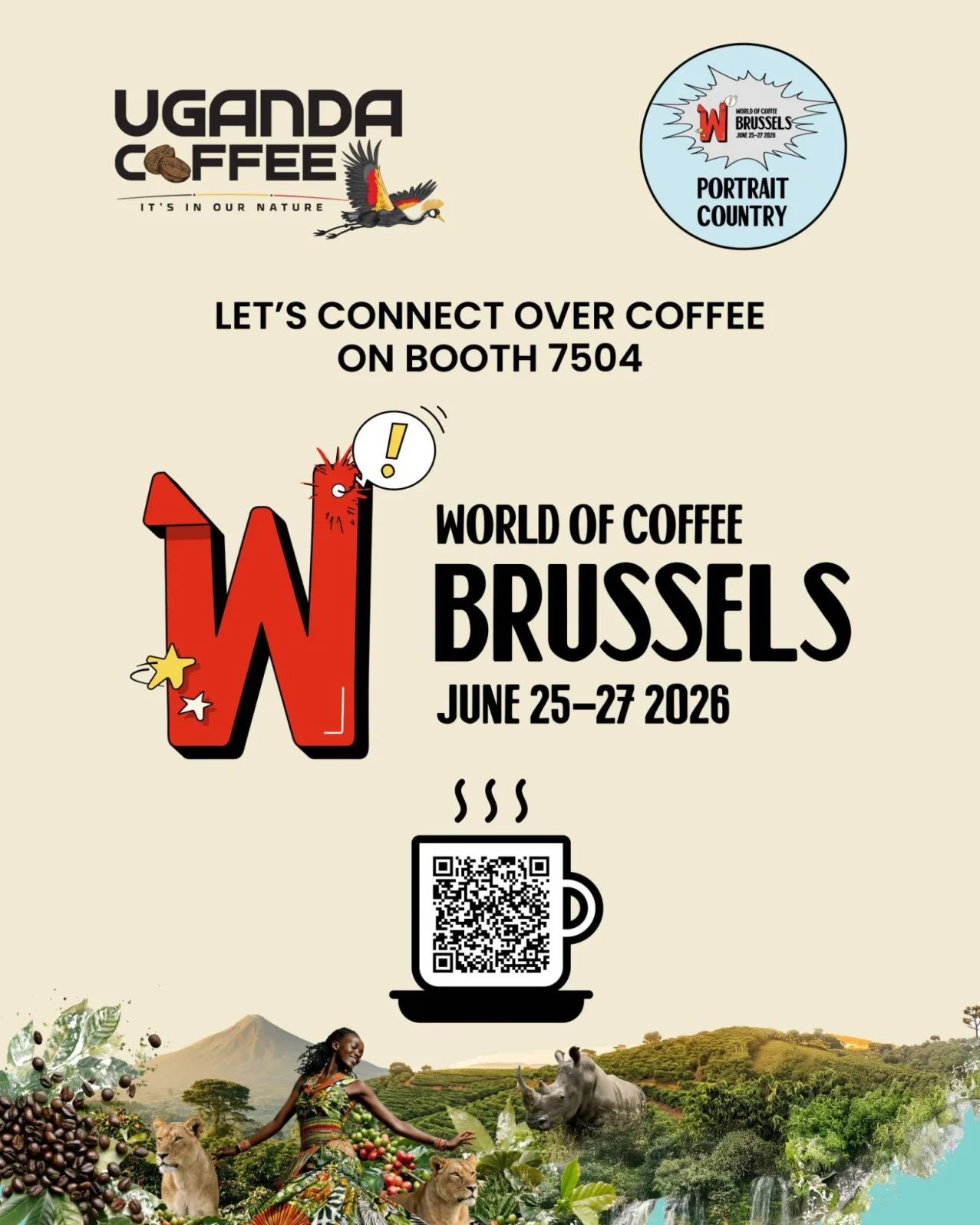 Uganda Coffee Portrait Country invitation for World of Coffee Brussels, 25 to 27 June 2026, booth 7504